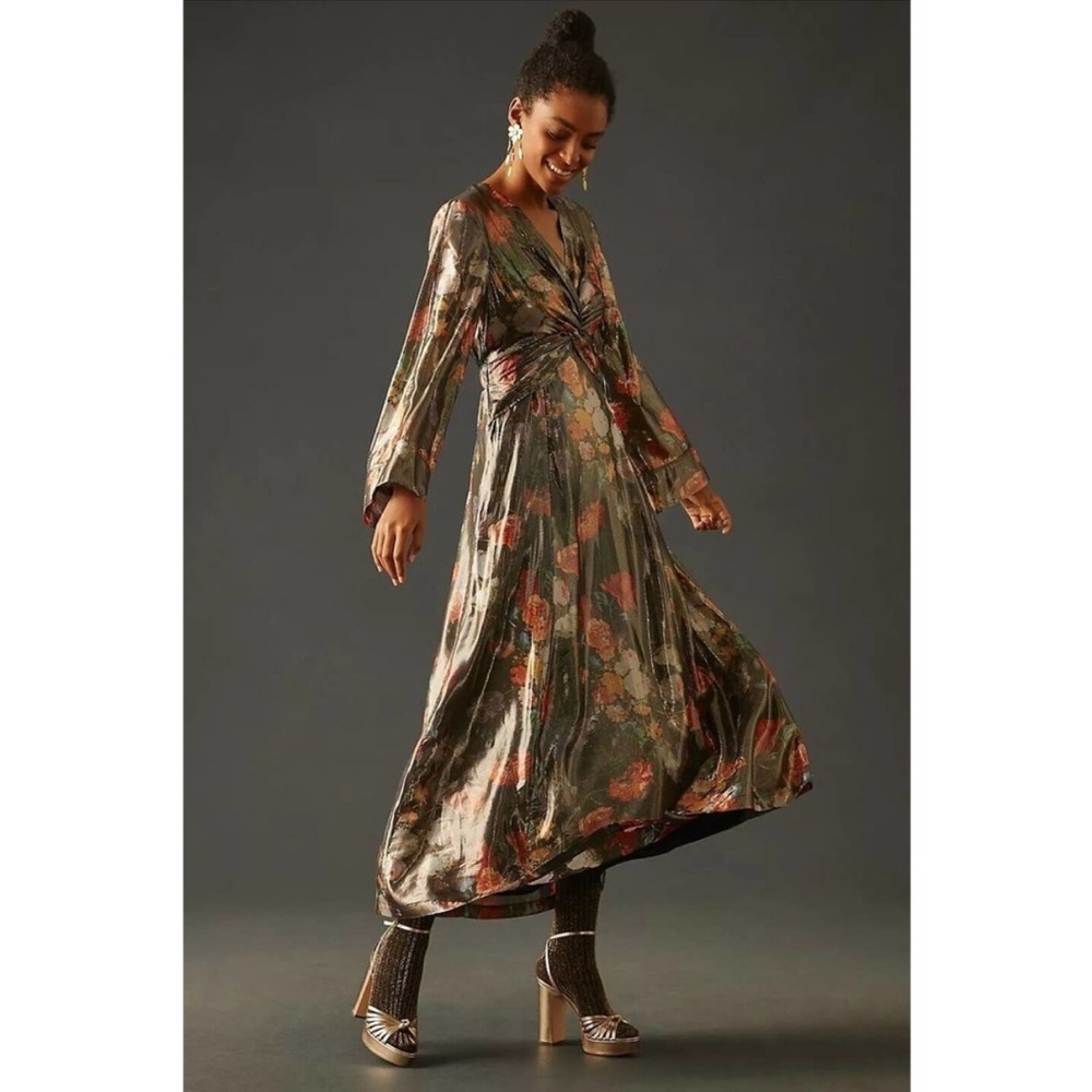 Anthropologie Caballero Deep V-Neck Maxi Dress Metallic Long XS